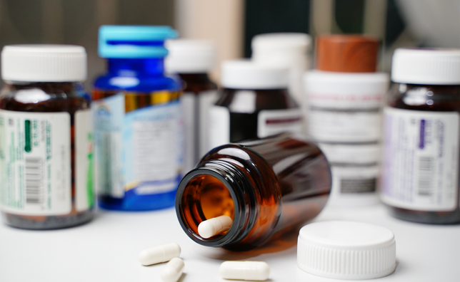Bottles of pills with pharma labels